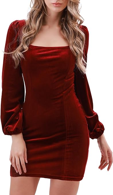 Women's Velvet Mini Dress Puff Long Sleeve Sexy Elegant Homecoming Square Neck Cocktail Party Bodycon Dresses