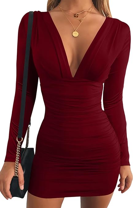 GOBLES Women's Sexy Long Sleeve V Neck Ruched Bodycon Mini Party Cocktail Dress