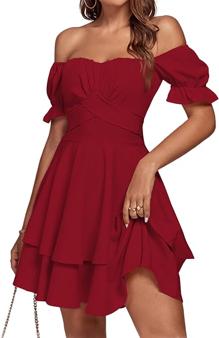 LYANER Women's Tie Back Off Shoulder Wrap Layer Ruffle Short Sleeve Mini Dress