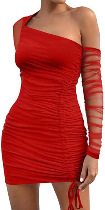 GOKATOSAU Women's Off Shoulder Bodycon Sheer Mesh Ruched Drawstring Mini Dress