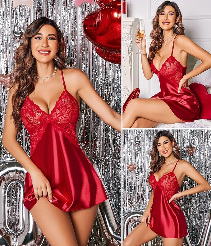 Avidlove Women Lingerie V Neck Nightwear Satin Sleepwear Lace Chemise Mini Teddy