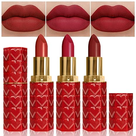 evpct 3Pcs Dark Deep Light Bright Ruby Red Matte Lipstick Set for Women Red Matte Silky Velvet Listick Waterproof Long Lasting Smudge Proof 24 hour Lip Stain Makeup matte lipstick 24 hours original 6