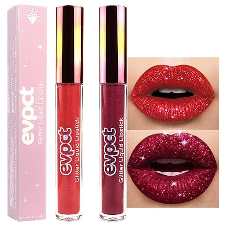 evpct 2Pcs Ruby Red & Dark Red Matte to Glitter Liquid Lipstick Long Lasting Lip Set Kit for Women Diamond Shiny Glitter Sparkly Glossy Metallic Shimmer Sparkle Waterproof Lipstick Lip Gloss 03+04