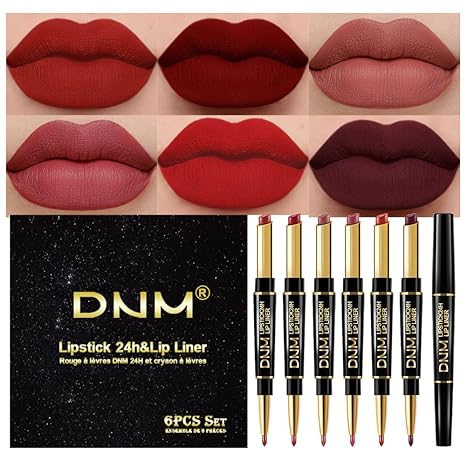 evpct 6Pcs Red Lip Liner and Lipstick Lip Stain Crayon Gift Set for Women DNM Dark Deep Red Nude Long Lasting 24 Hour Matte Color Stay - labiales mate 24 horas originales