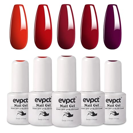 evpct Dark Ruby Red Gel Nails Polish Colors Red 5Pcs Set Kit