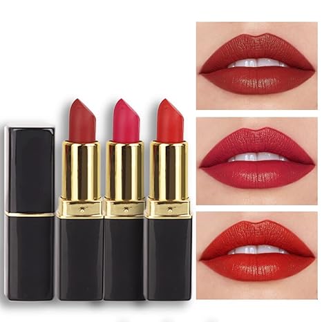 evpct 3Pcs Dark Light Bright Red Silky Velvet Matte Lipstick Pack Sets for Women. Ruby Red Long Lasting Smudge Proof Lip Stain Makeup Sets Kit 24 hours original