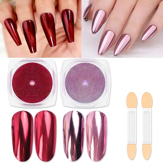 evpct 2Pcs Red Rose Gold Metallic Mirror Effect Chrome Nail Powder Kit for Nails Polish Rainbow Holographic Iridescent Chameleon Neon Nail Pigment Mirror Chrome Nail Powder for Gel Nails Glitter