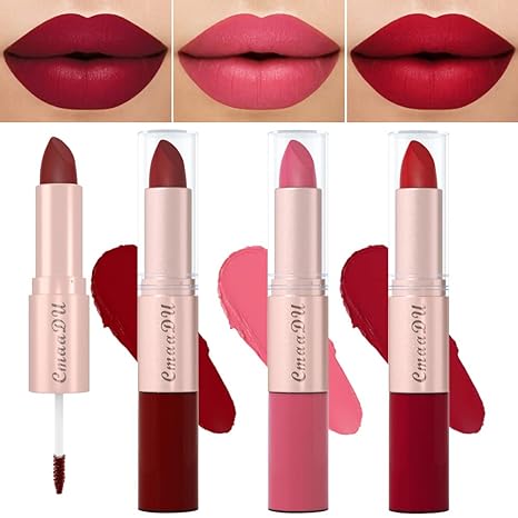 evpct 2 In 1 Deep Red Matte Lipstick & Long Lasting Smudge Proof Liquid Lipstick Lip Gloss Stain 3Pcs Set for Women Red Rose Nude Pink Matte Mate Vegan Long Lasting Lipstick 24 Hour Pack Waterproof 3