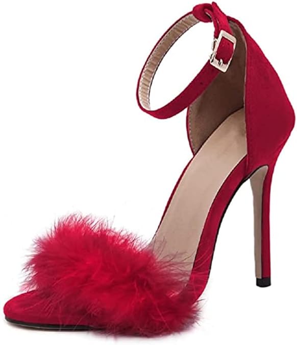 Women's Open Toe Ankle Strap Fluffy Feather Stiletto High Heel Dress Sandal