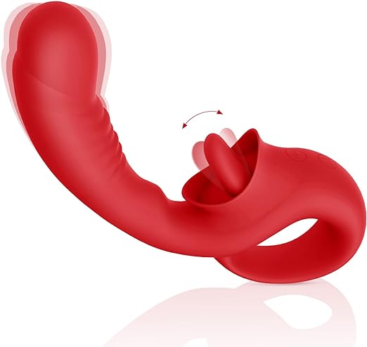 Clitoral Licking G Spot Vibrator. 2 in 1 Nipple Clitoralis Stimulator with 10 Licking & Vibrating Modes. Rechargeable Strapless Strap-On Realistic Dildo Vibrator. Adult Sex Toys for Women Couple (Red)